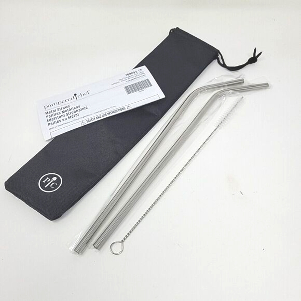 New Pampered Chef Metal Straw Set of 2 w Case UNOPENED